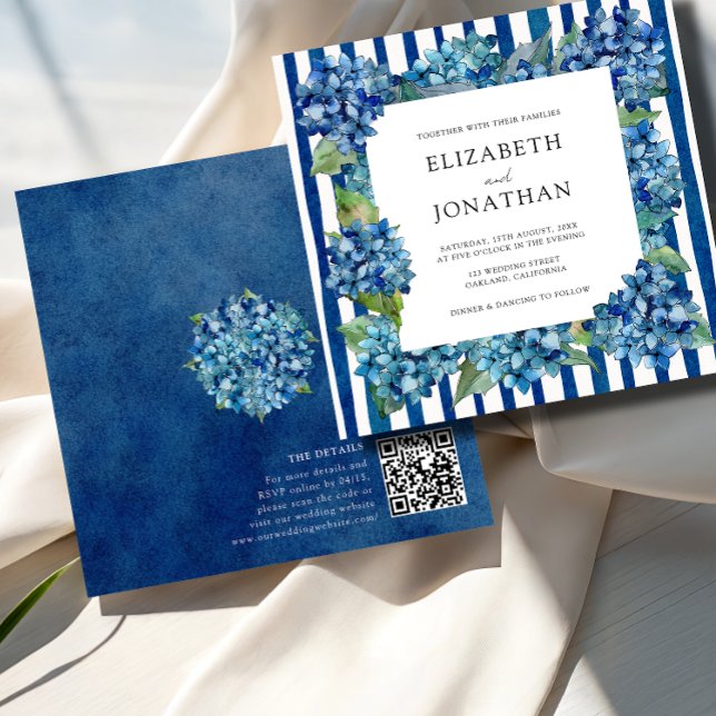 Invitation Modern Blue Hydrangeas Stripe RSVP QR Code Wedding (Créateur téléchargé)