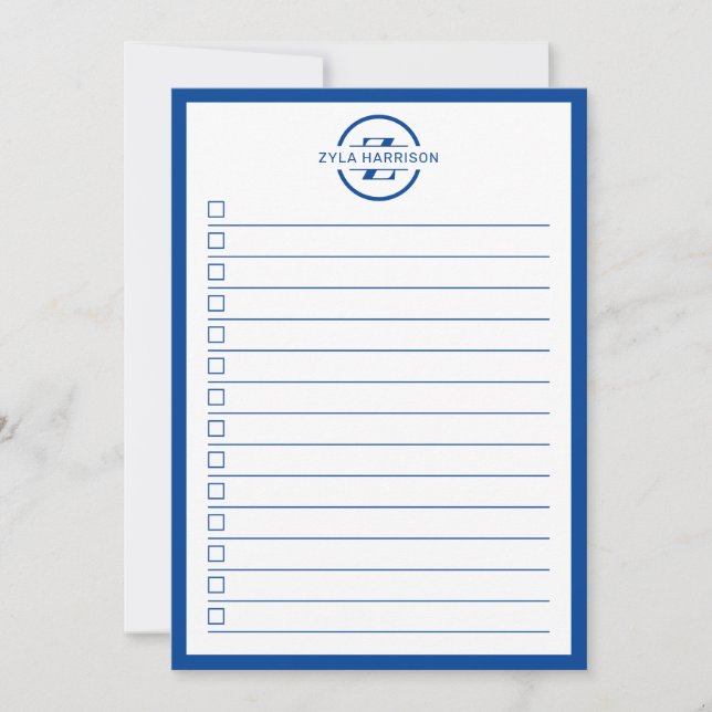 Invitation Modern Blue Monogram Name To Do List (Devant)