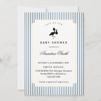 Invitation Modern Blue Stripes Stork Silhouette Baby Shower