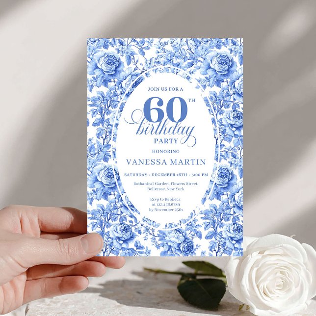 Invitation Modern Blue Toile Roses 60th Birthday Invite Digit (Modern Blue Toile Roses 60th Birthday Invite Digital

)