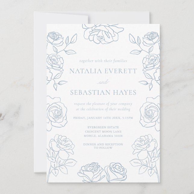 Invitation Modern Blue & White French Roses Wedding (Devant)