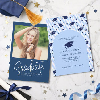 Invitation Modern Blue White Script Photo Graduation Party  