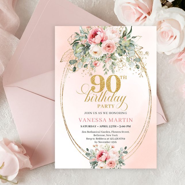 Invitation Modern Blush Floral Gold Minimal 90th Birthday  (Romantic Blush Roses Greenery 90th Birthday Invitation)