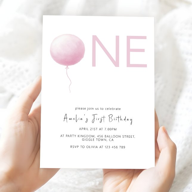 Invitation Modern Blush Pink Balloon Girl First Birthday (Créateur téléchargé)