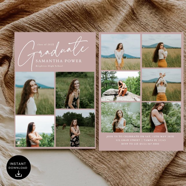 Invitation Modern Blush Rose 10 Photos Graduation Party (Créateur téléchargé)