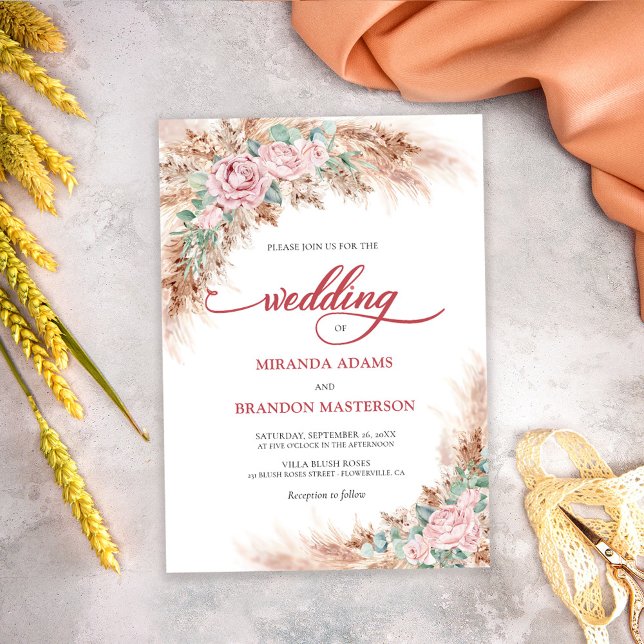 Invitation Modern Blush Roses Pampas Grass Floral Wedding (Créateur téléchargé)