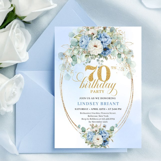Invitation Modern Bohemian Dusty Blue Peonies 70th Birthday I (Modern Bohemian Dusty Blue Peonies 70th Birthday Invite

)