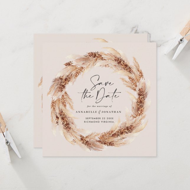 Invitation Modern bohemian natural pampas grass wedding invit (Devant/Arrière en situation)