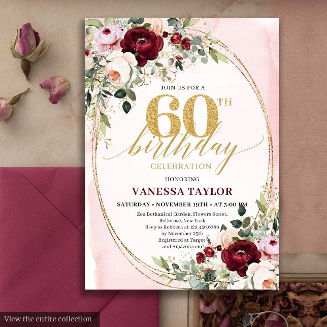 Invitation Modern Boho Burgundy Blush Floral 60th Birthday (Modern Boho Burgundy Blush Floral 60th Birthday)