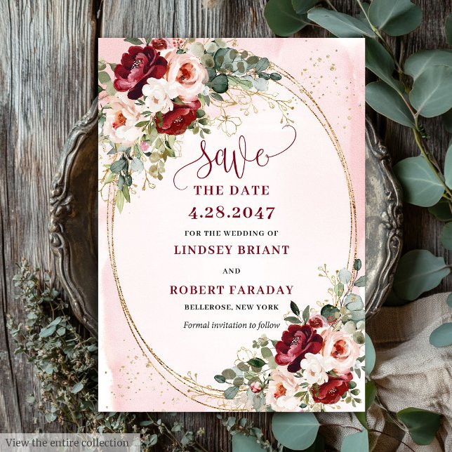 Invitation Modern Boho Deep Red Blush Gold Floral Save Date (Modern Boho Deep Red Blush Gold Floral Save Date)