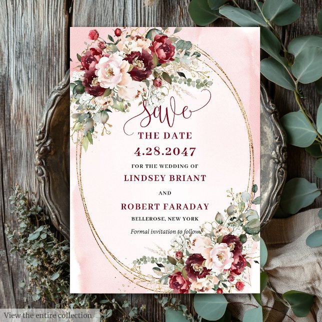 Invitation Modern Boho Merlot Blush Gold Floral Save Date (Modern Boho Merlot Blush Gold Floral Save Date)