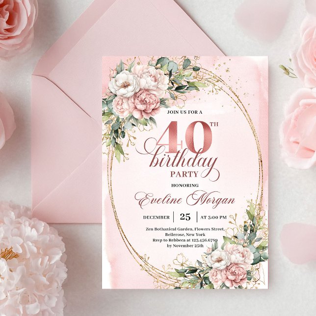 Invitation Modern Boho Rose Gold Flowers 40th Birthday Invite (Modern Boho Rose Gold Flowers 40th Birthday Invitation)