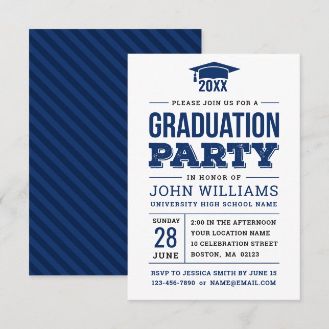 Invitation Modern Bold Navy Blue and White Graduation Party (Devant / Derrière)