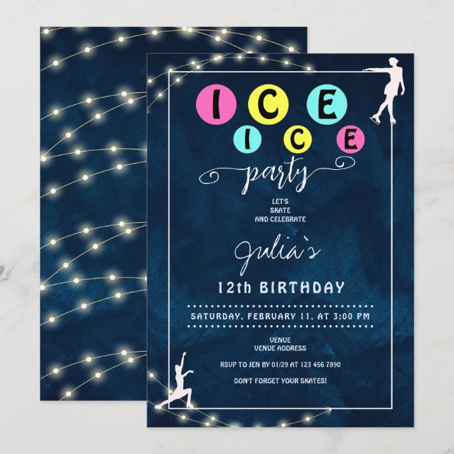 Invitation Modern Bold Patinage sur glace Ado Fille fête d'an (Devant / Derrière)