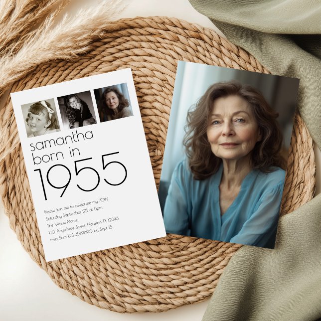Invitation Modern Born en 1955 4 Photos 70e anniversaire (Front and back view)