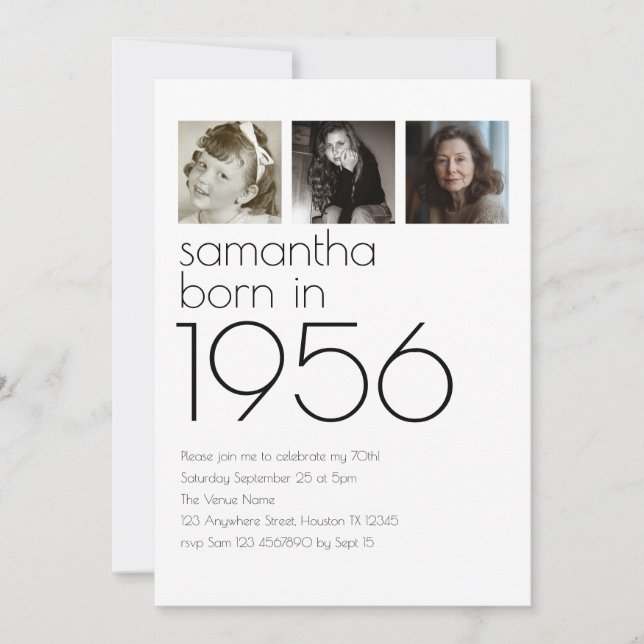 Invitation Modern Born in 1956 4 Photos 70th Birthday Party (Devant)