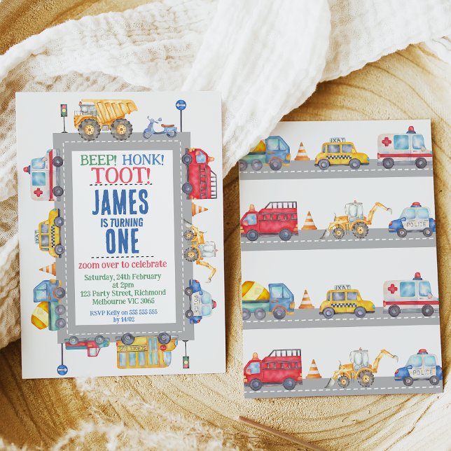 Invitation Modern Boys Road Transport 1er Anniversaire Invita (Cute transport themed boy's first birthday invitation with various vehicles, signs, lights and road)