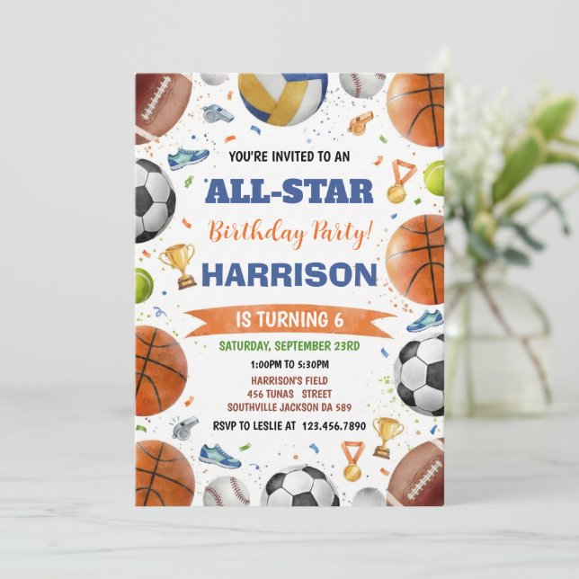 Invitation Modern Boys Sports Balls All Star Kids Birthday (Debout devant)