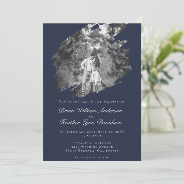 Invitation Modern Brushstroke Photo Wedding | Navy Blue (Debout devant)