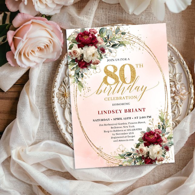 Invitation Modern Burgundy Blush Floral 80th Birthday Invite (Modern Burgundy Blush Floral 80th Birthday Invite)
