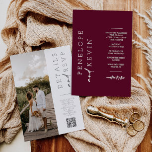 Invitation Modern Burgundy Boho Wedding Photo QR Code RSVP