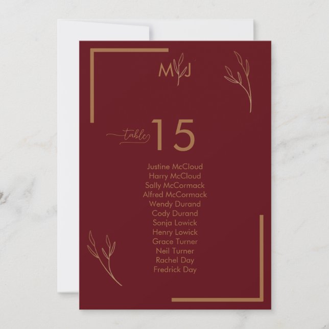 Invitation Modern Burgundy Guests Seating List Table Number (Devant)