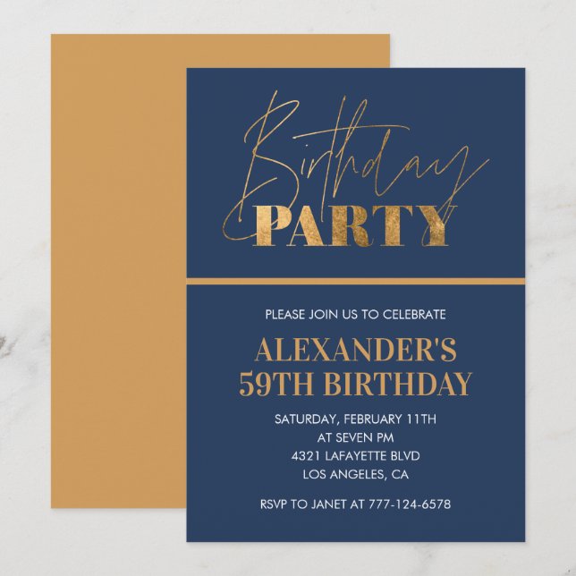 Invitation Modern Chic Gold Marine bleu 59e anniversaire fête (Devant / Derrière)