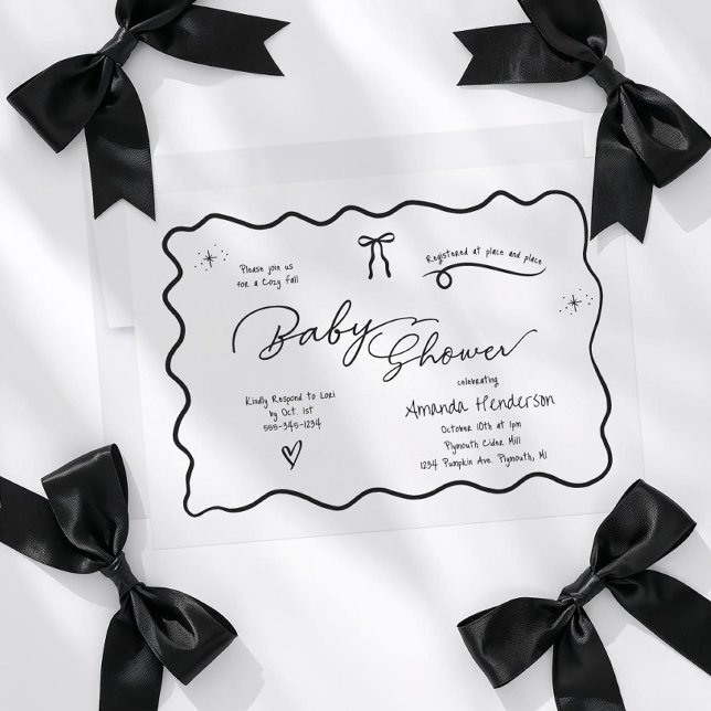 Invitation Modern Chic Minimalist Black White Bow Baby Shower (Black and White Chic Baby shower invitation with bow doodle design. )
