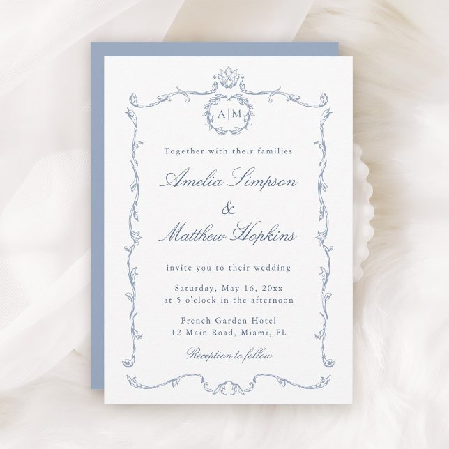 Invitation Modern Classic French Frame Wedding Dusty Blue (Créateur téléchargé)