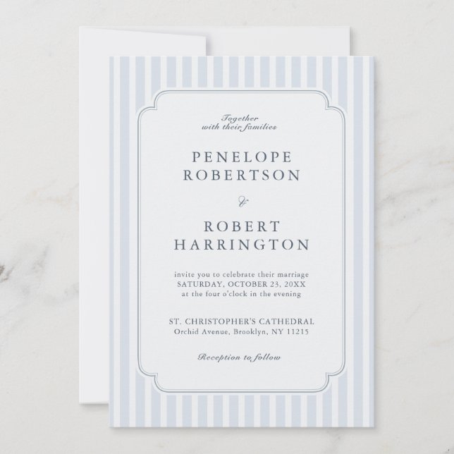 Invitation Modern Classic Stripes Dusty Blue QR Code Wedding  (Devant)