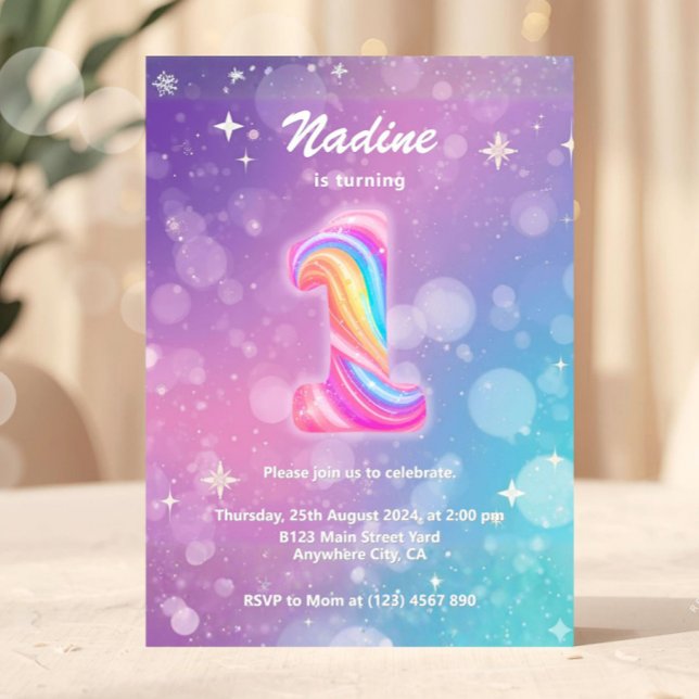 Invitation Modern Colorful 1st Birthday Rainbow Foil (1st Birthday Invitation, Girl Pink Pastel, First Birthday, Number 1, Party Invite, Pink Purple Glitt)