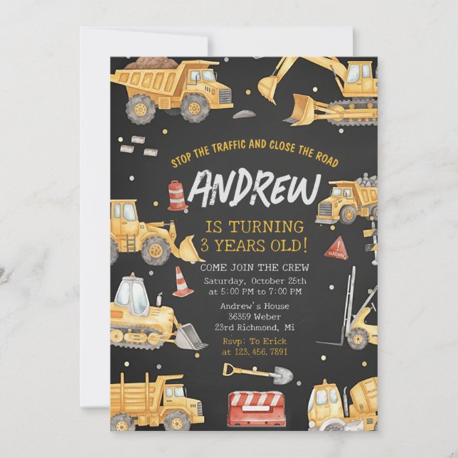 Invitation Modern Construction Birthday Party Black (Devant)