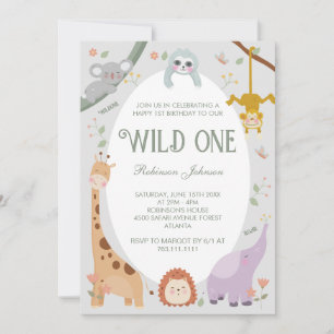 Invitation Modern Cute Wild One Safari Animaux Anniversaire P