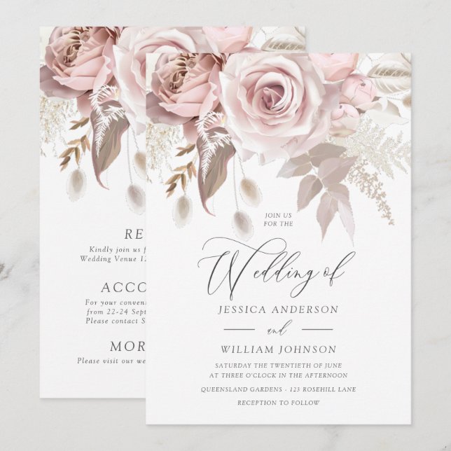 Invitation Modern Designer Dusty Rose Blush Details & Wedding (Devant / Derrière)