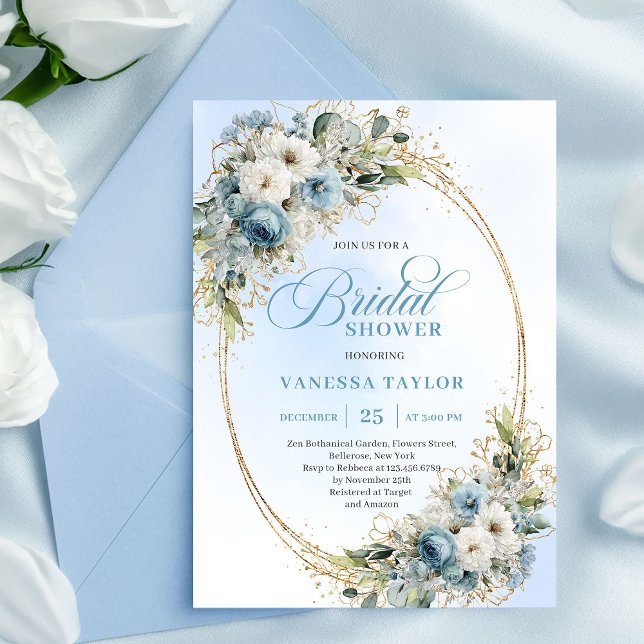 Invitation Modern Dusty Blue Flowers Gold Frame Bridal Shower (Modern Dusty Blue Flowers Gold Frame Bridal Shower Invite)