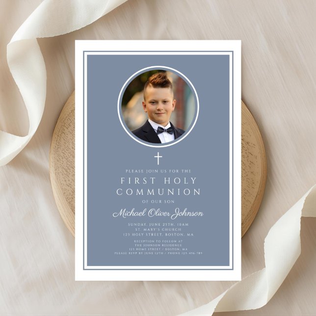 Invitation Modern Dusty Blue Photo Boy First Communion (Modern Dusty Blue Photo Boy First Communion Invitation)