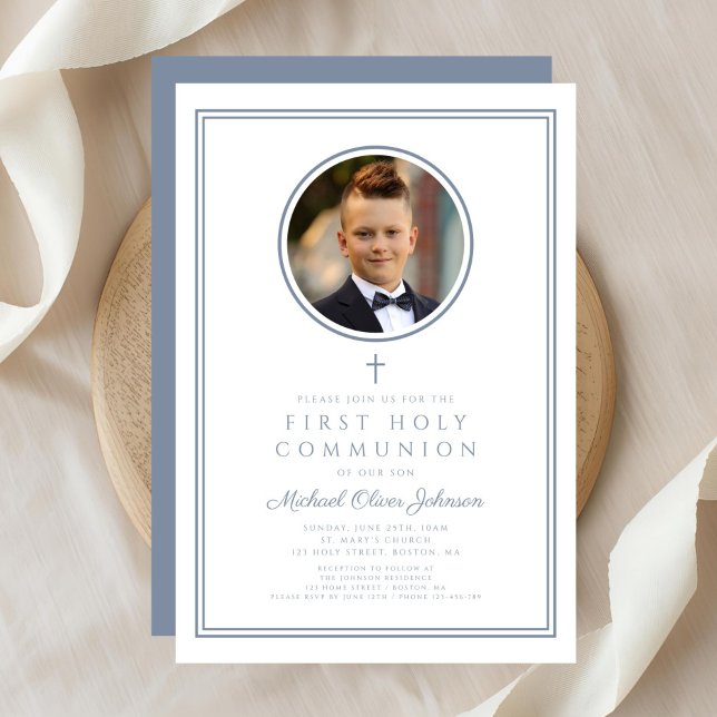 Invitation Modern Dusty Blue Photo Boy First Holy Communion (Modern Dusty Blue Photo Boy First Holy Communion Invitation
)