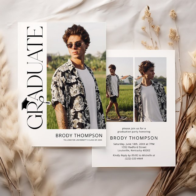 Invitation Modern Elegant Black & White 3 Photo Graduation (Créateur téléchargé)