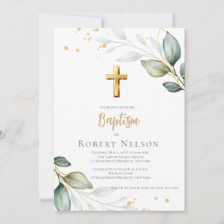 Invitation Modern Elegant Eucalyptus Gold Baptism Christening