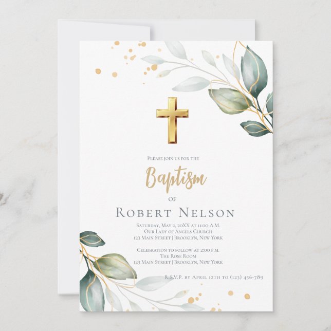 Invitation Modern Elegant Eucalyptus Gold Baptism Christening (Devant)