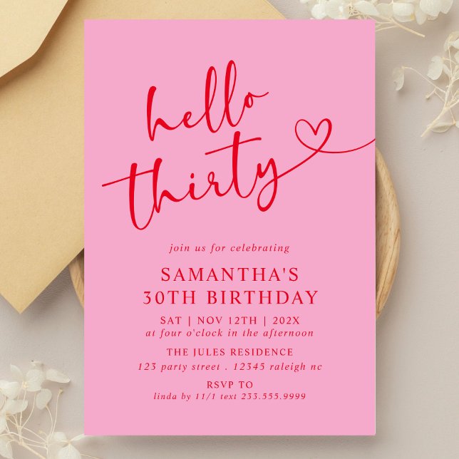 Invitation Modern Elegant Pink Red Hello 30th Birthday Party (Créateur téléchargé)