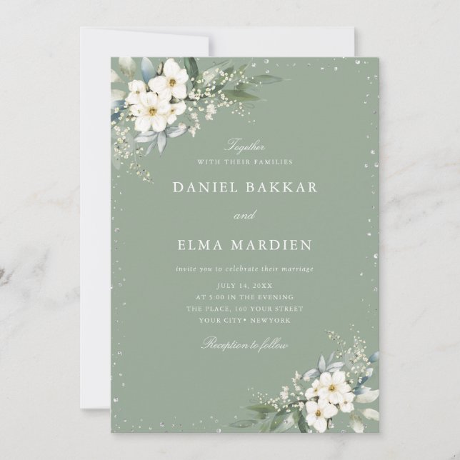 Invitation Modern Elegant Sage Green Boho Floral Wedding  (Devant)