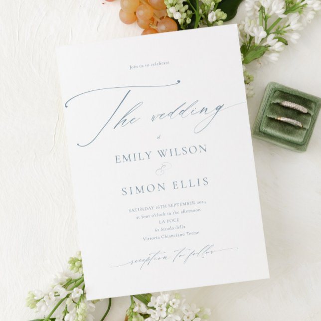 Invitation Modern Elegant Script Dusty Blue Wedding (dusty blue dainty script wedding invitation, elegant blue wedding invite, simple modern minimalist)