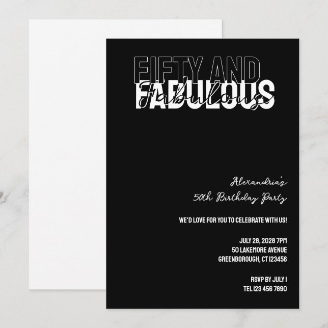 Invitation Modern Fifty and Fabulous 50th Birthday Party (Devant / Derrière)