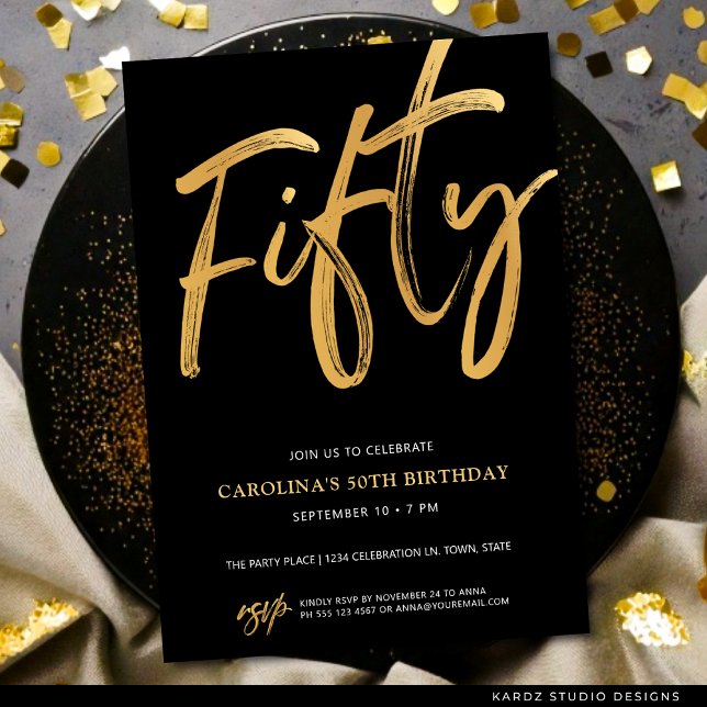 Invitation Modern Fifty Script Gold Black 50th Birthday (Faux gold invite shown in 5x7 inches with square corners. Choose corner, paper and size.)