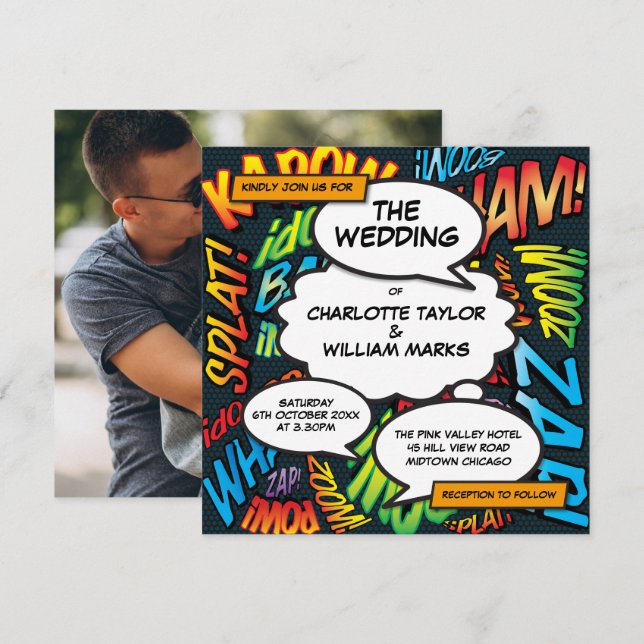 Invitation Modern Fun Comic Livre Carré photo Mariage (Devant / Derrière)