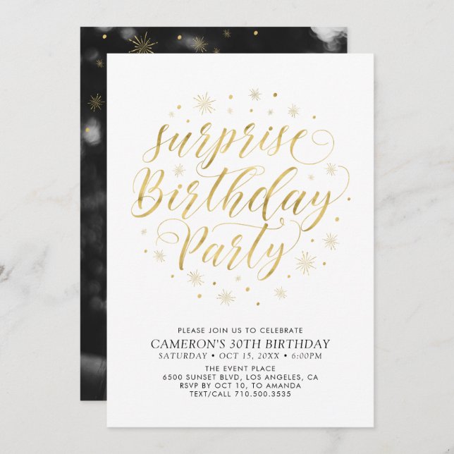 Invitation Modern Gold Chic Surprise Photo Anniversaire (Devant / Derrière)