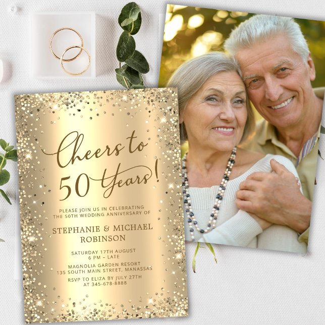 Invitation Modern Gold Glitter Photo 50th Wedding Anniversary (Créateur téléchargé)