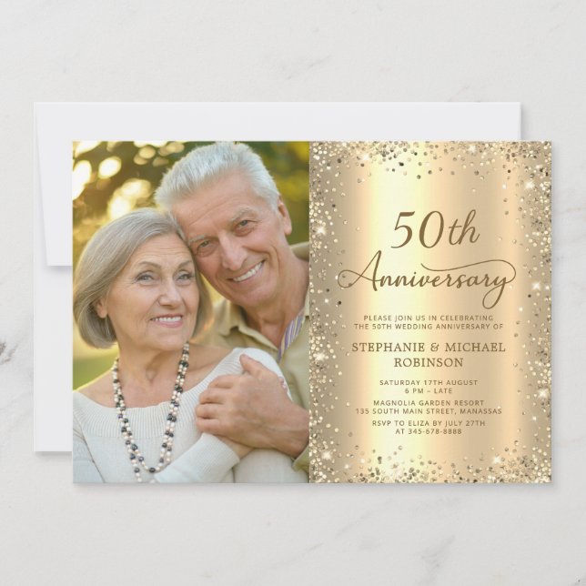 Invitation Modern Gold Glitter Photo 50th Wedding Anniversary (Devant)