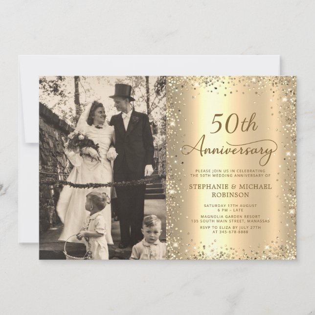 Invitation Modern Gold Glitter Photo 50th Wedding Anniversary (Devant)